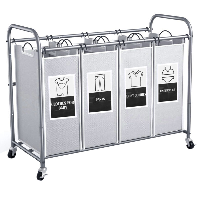 C&AHOME 4-Bag Laundry Sorter Cart Grey ULSCM04G