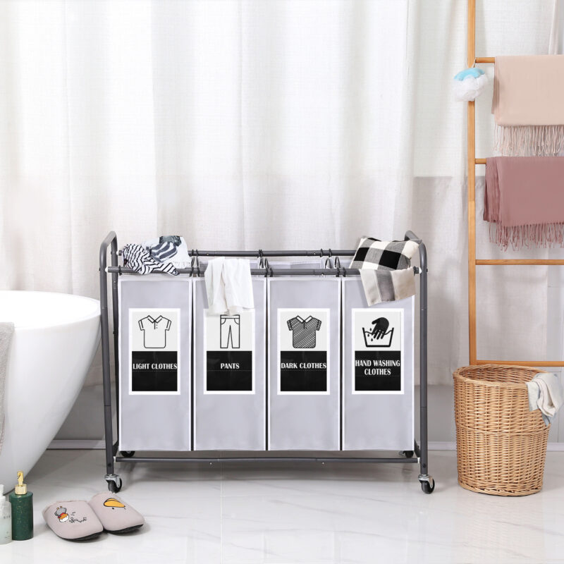 C&AHOME 4-Bag Laundry Sorter Cart Grey ULSCM04G - Image 2