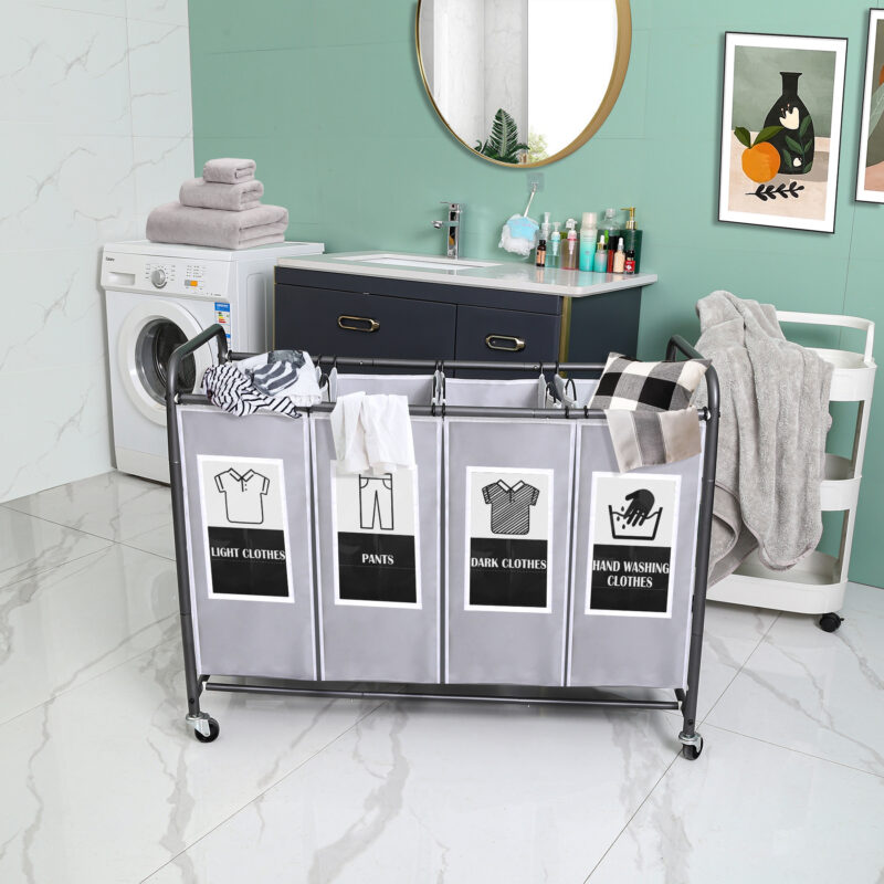 C&AHOME 4-Bag Laundry Sorter Cart Grey ULSCM04G - Image 4