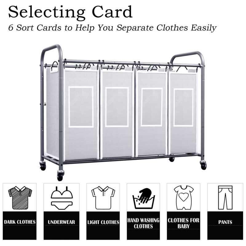 C&AHOME 4-Bag Laundry Sorter Cart Grey ULSCM04G - Image 5