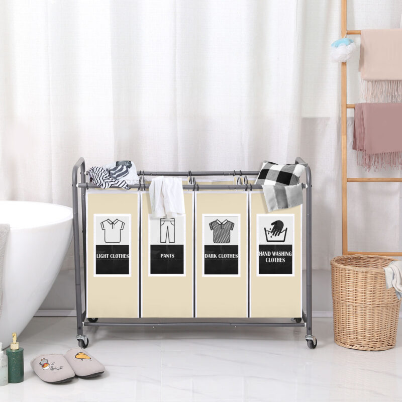 C&AHOME 4-Bag Laundry Sorter Cart Creamy ULSCM04C - Image 2