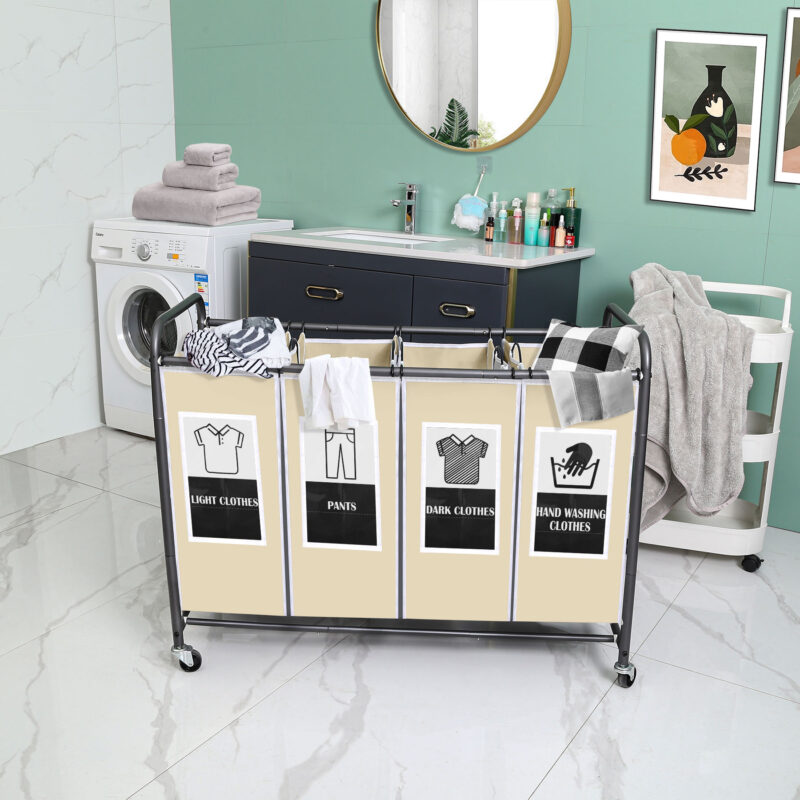 C&AHOME 4-Bag Laundry Sorter Cart Creamy ULSCM04C - Image 4