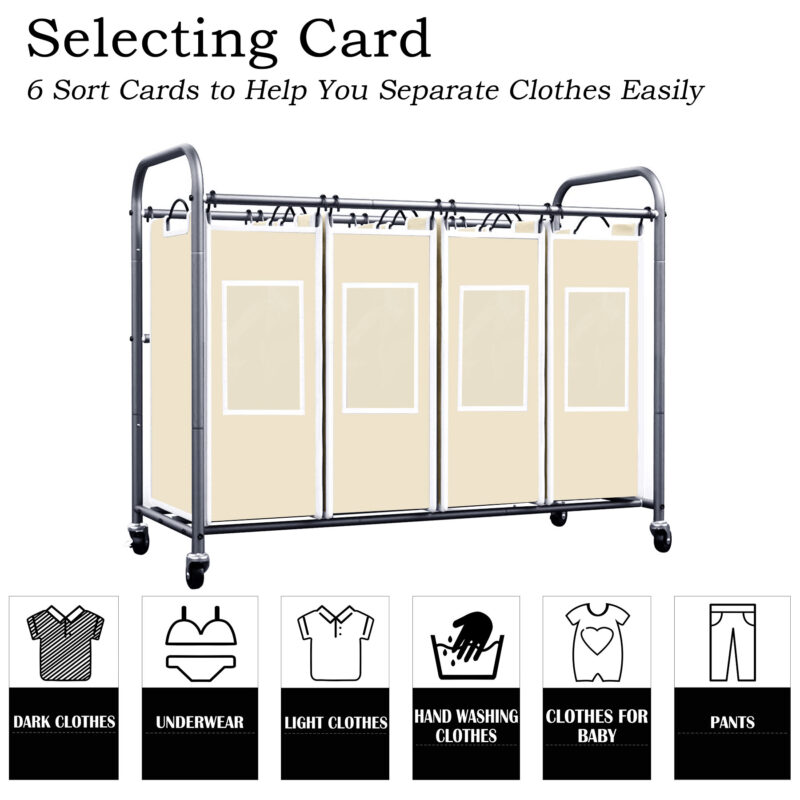 C&AHOME 4-Bag Laundry Sorter Cart Creamy ULSCM04C - Image 5