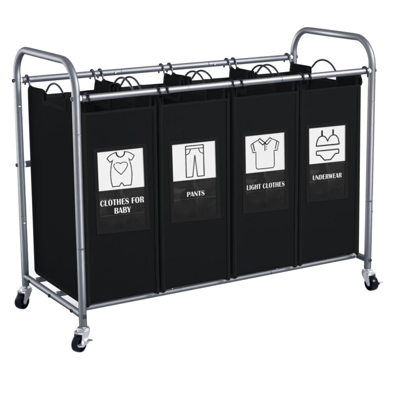 C&AHOME 4-Bag Laundry Sorter Cart Black ULSCM04B