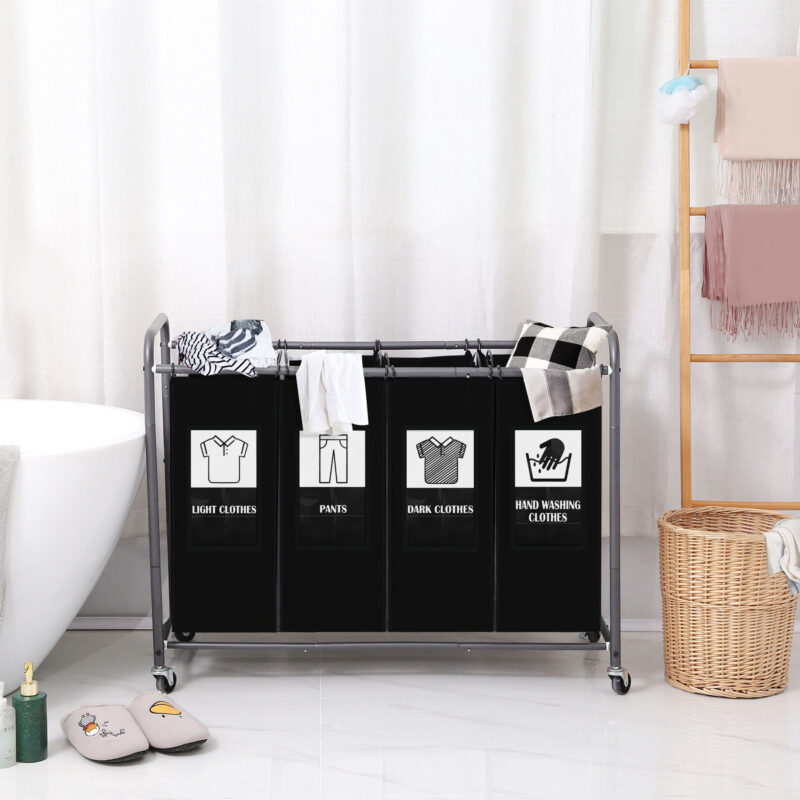 C&AHOME 4-Bag Laundry Sorter Cart Black ULSCM04B - Image 2