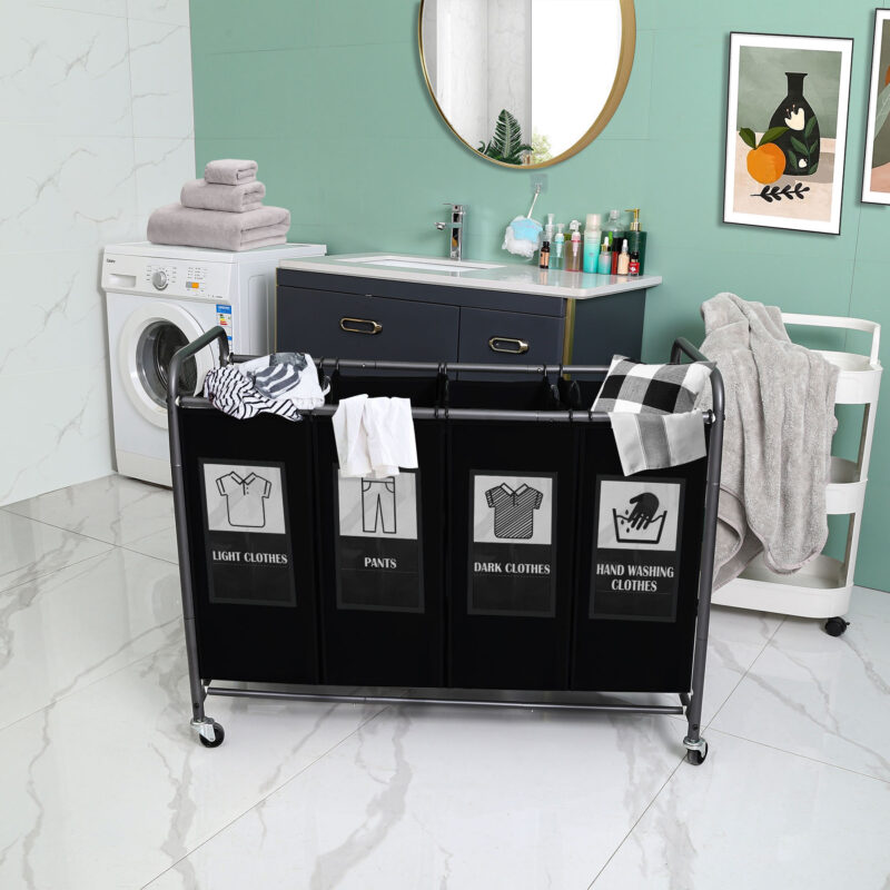 C&AHOME 4-Bag Laundry Sorter Cart Black ULSCM04B - Image 4