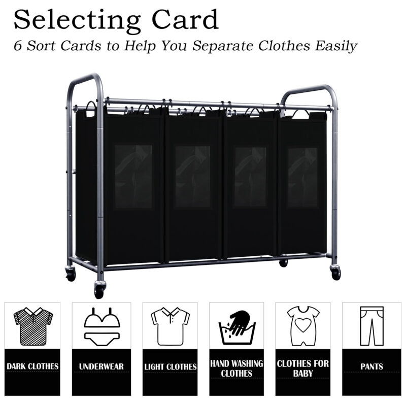 C&AHOME 4-Bag Laundry Sorter Cart Black ULSCM04B - Image 5