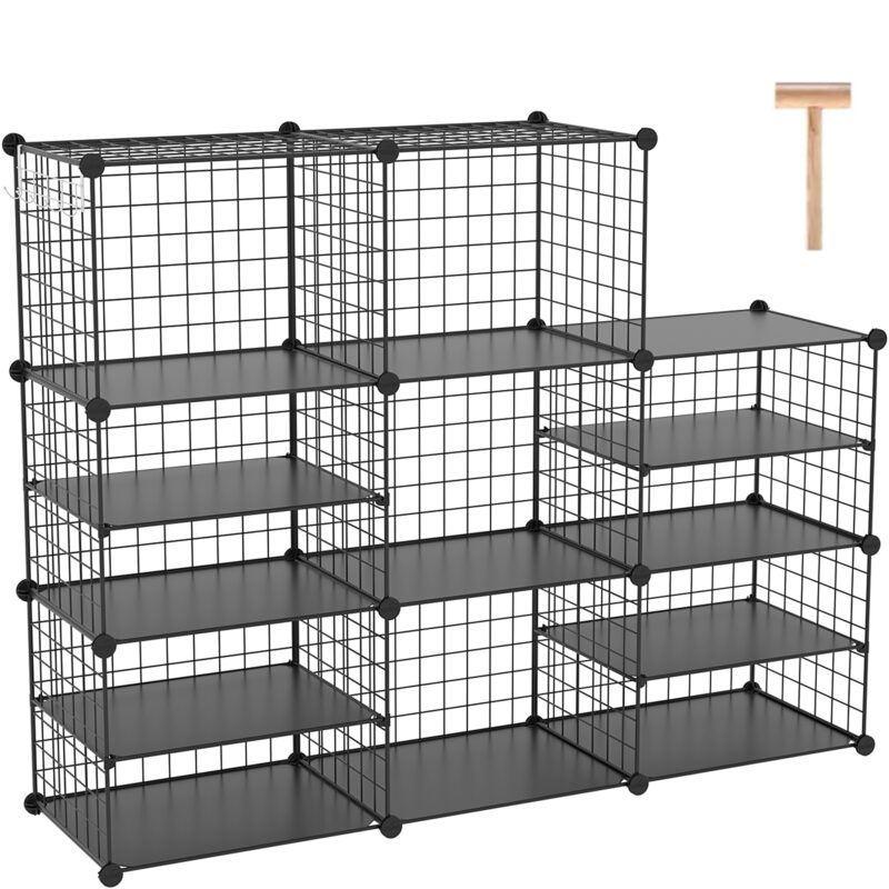 C&AHOME Wire Cube Storage Unit, Interlocking Metal Wire Organizer with Divider Design, Black, UWCSIM08B